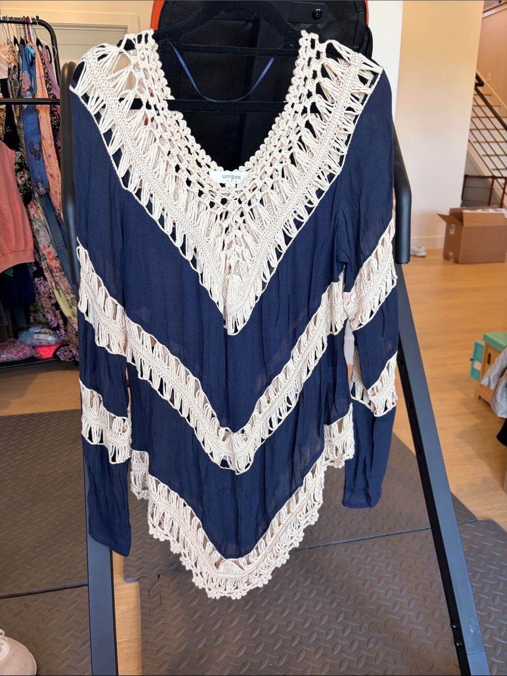 Umgee Navy Tunic with Cream Crochet Trim
